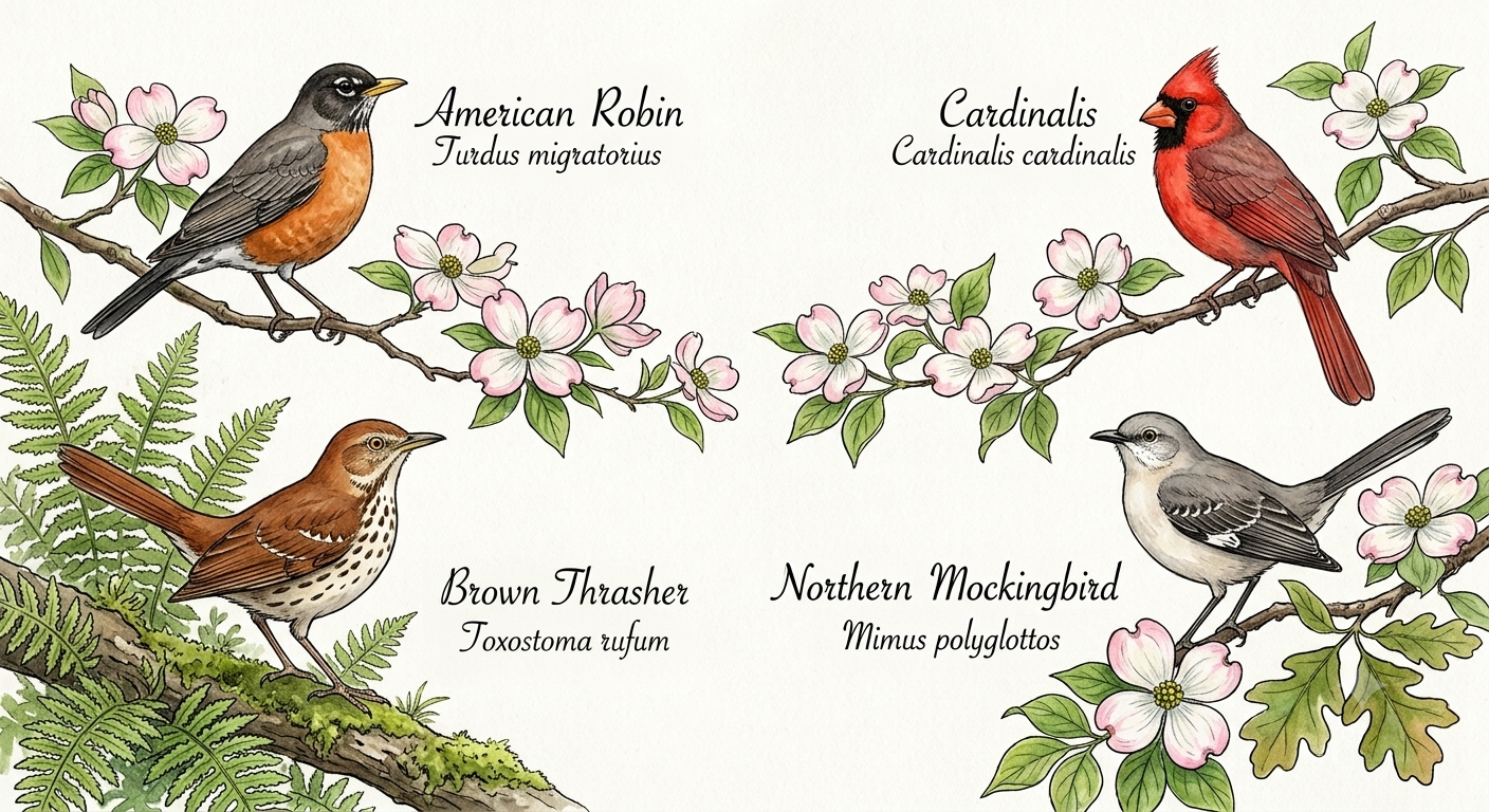 American Robin・Cardinal・Northern Mockingbird・Brown Thrasherの4種
